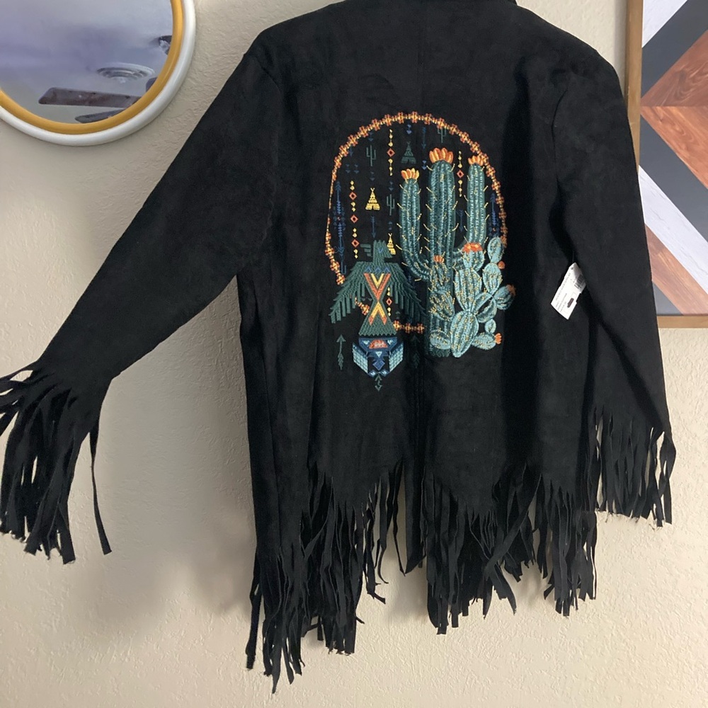 Fringed Black western suede blazer style frontJacket with Cactus Embroidery